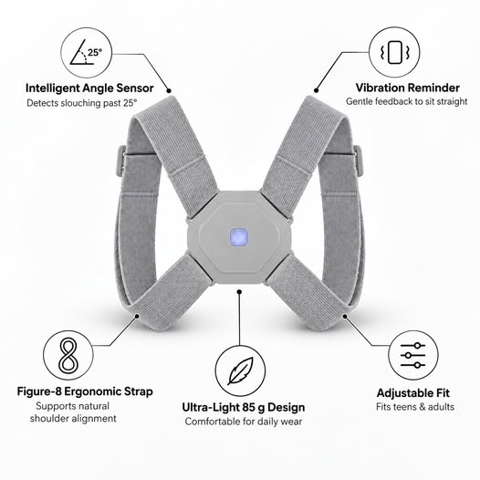 Straivo product diagram: 25 degree angle sensor, vibration reminder, figure-8 strap, 85 gram design, and adjustable fit